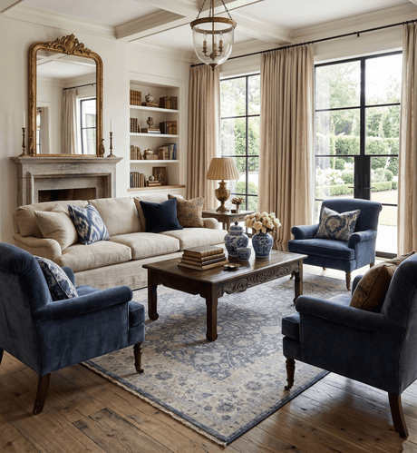 Custom Made Hand Knotted Traditional Blue and Beige Antique Textured Low Pile Distressed Wool Rug