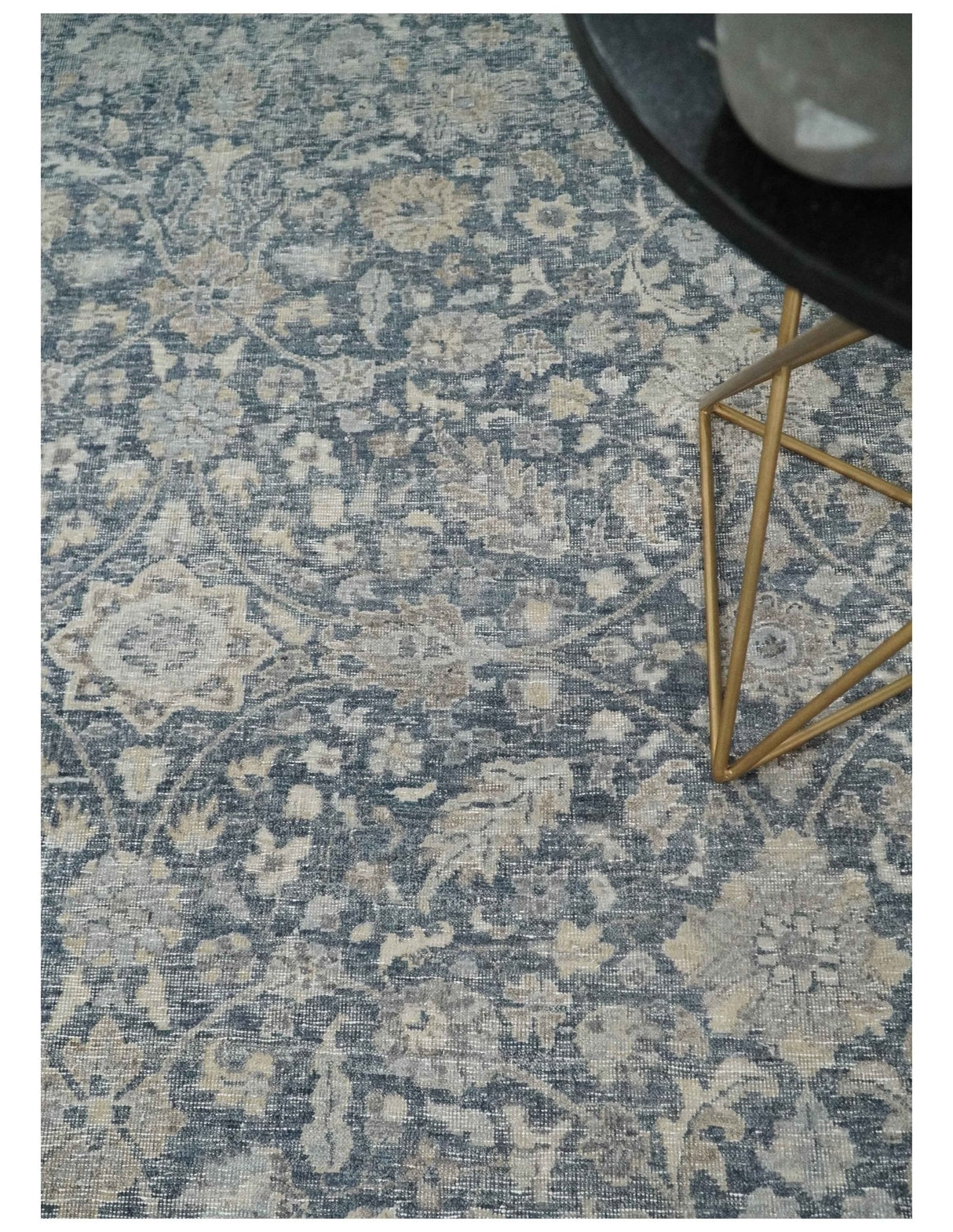 Custom Made Hand Knotted Traditional Blue and Beige Antique Textured Low Pile Distressed Wool Rug