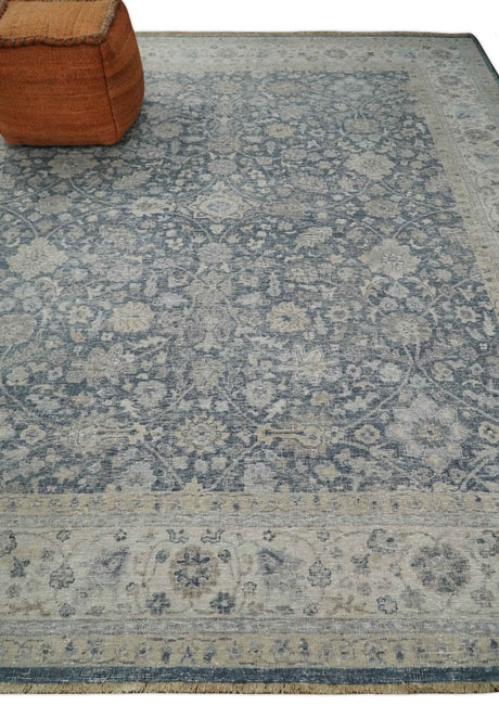 Custom Made Hand Knotted Traditional Blue and Beige Antique Textured Low Pile Distressed Wool Rug