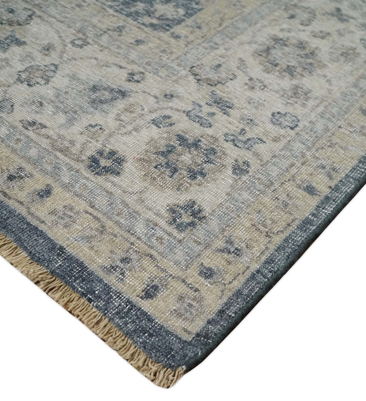 Custom Made Hand Knotted Traditional Blue and Beige Antique Textured Low Pile Distressed Wool Rug
