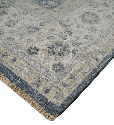 Custom Made Hand Knotted Traditional Blue and Beige Antique Textured Low Pile Distressed Wool Rug