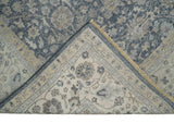 Custom Made Hand Knotted Traditional Blue and Beige Antique Textured Low Pile Distressed Wool Rug