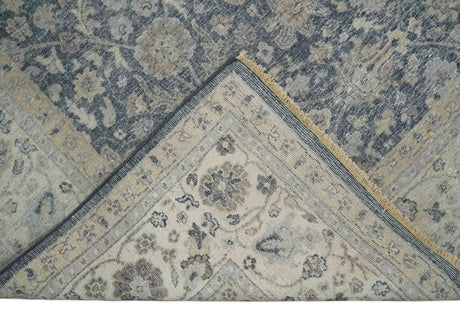 Custom Made Hand Knotted Traditional Blue and Beige Antique Textured Low Pile Distressed Wool Rug