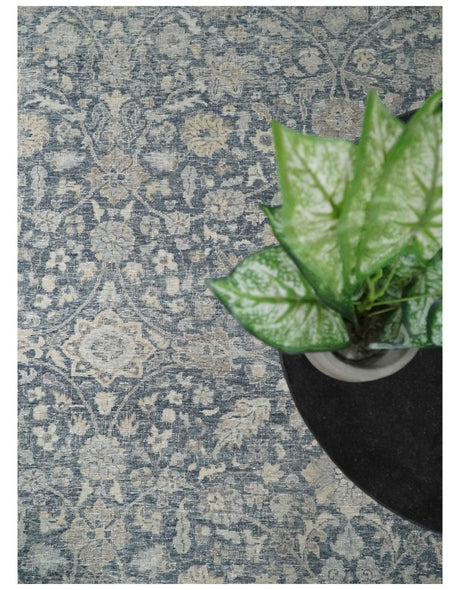 Custom Made Hand Knotted Traditional Blue and Beige Antique Textured Low Pile Distressed Wool Rug