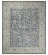 Custom Made Hand Knotted Traditional Blue and Beige Antique Textured Low Pile Distressed Wool Rug