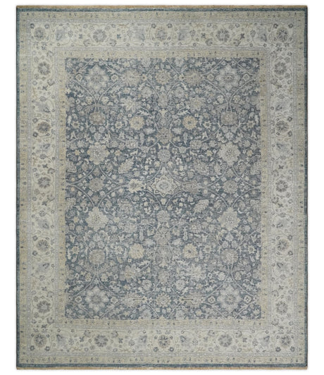 Custom Made Hand Knotted Traditional Blue and Beige Antique Textured Low Pile Distressed Wool Rug