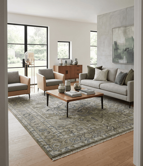 Custom Made Hand Knotted Traditional Green, Silver and Charcoal wool area rug
