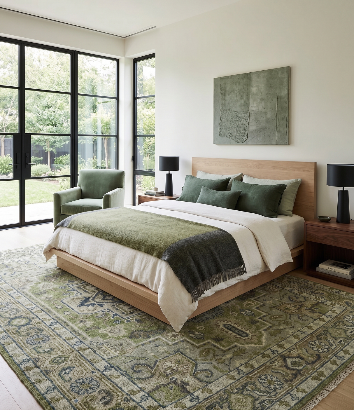 Custom Made Hand Knotted Traditional Green, Silver and Charcoal wool area rug