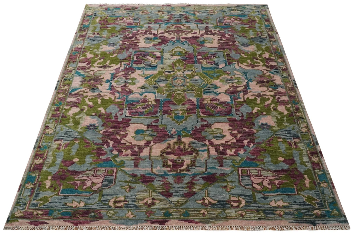 Custom Made Hand Knotted Transitional Green, Pink and Purple wool Area Rug
