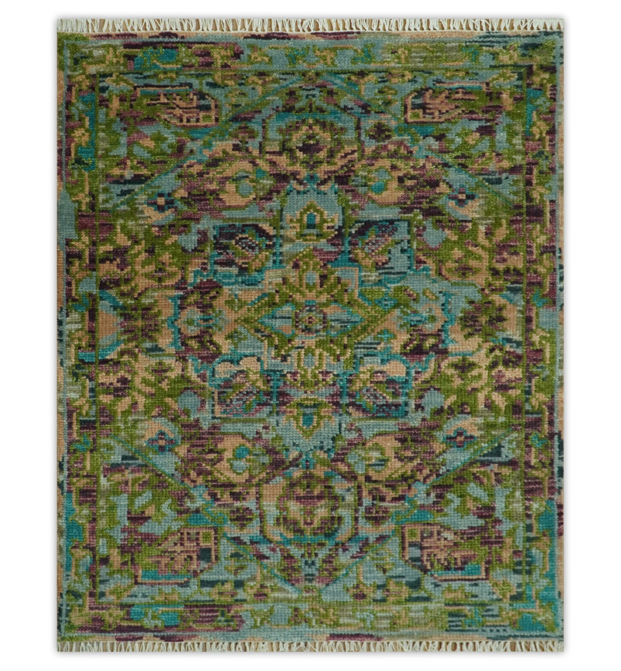 Custom Made Hand Knotted Transitional Green, Pink and Purple wool Area Rug