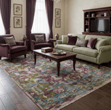 Custom Made Hand Knotted Transitional Green, Pink and Purple wool Area Rug