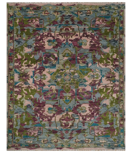 Custom Made Hand Knotted Transitional Green, Pink and Purple wool Area Rug