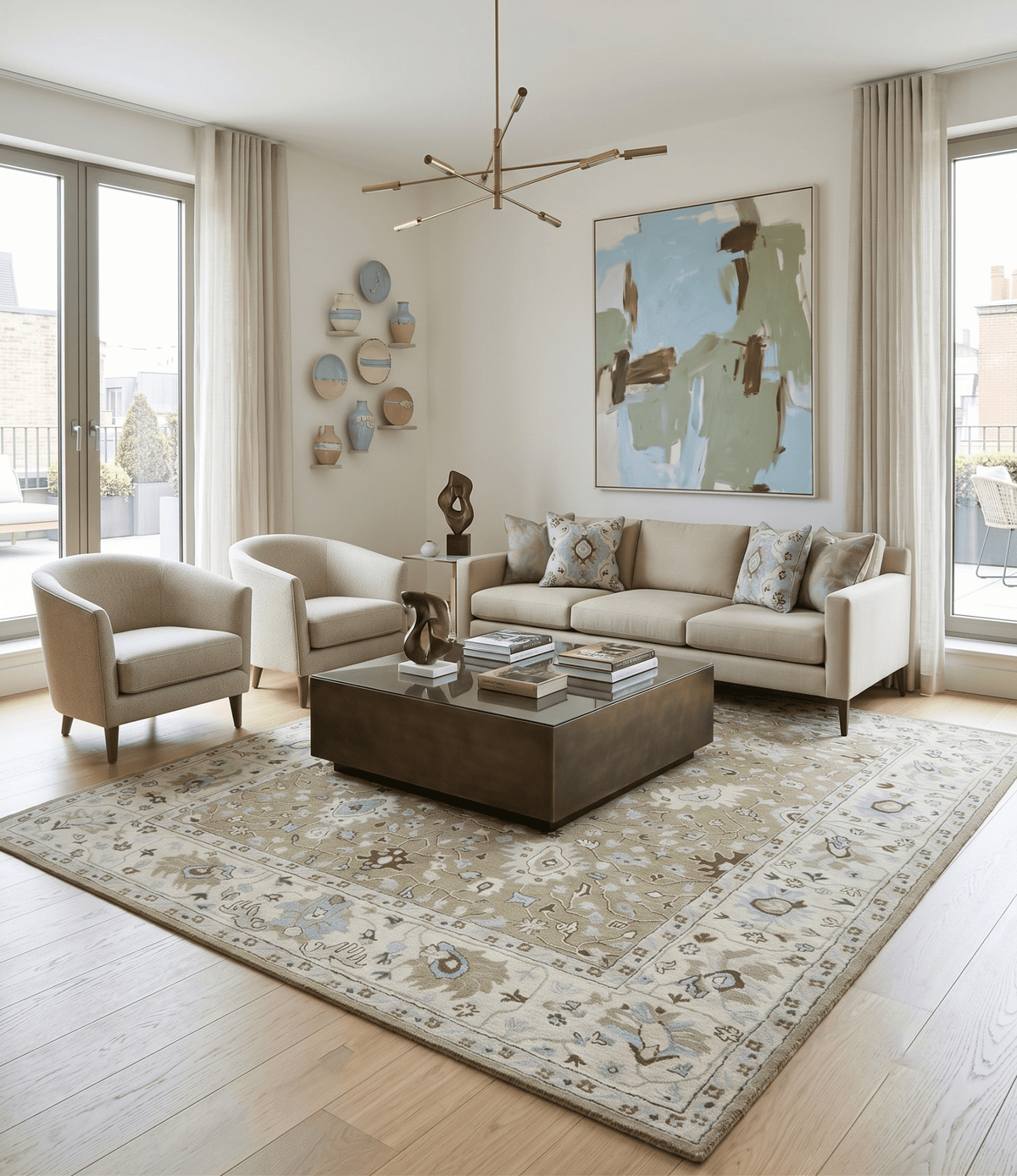 Custom Made Hand Tufted Earthy Camel and Beige Traditional Wool Oushak Rug