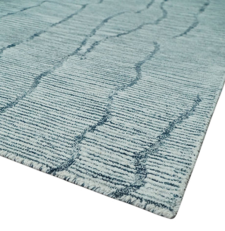 Custom Made Hand Tufted Multi Size Woolen Modern Ivory and Blue Area Rug