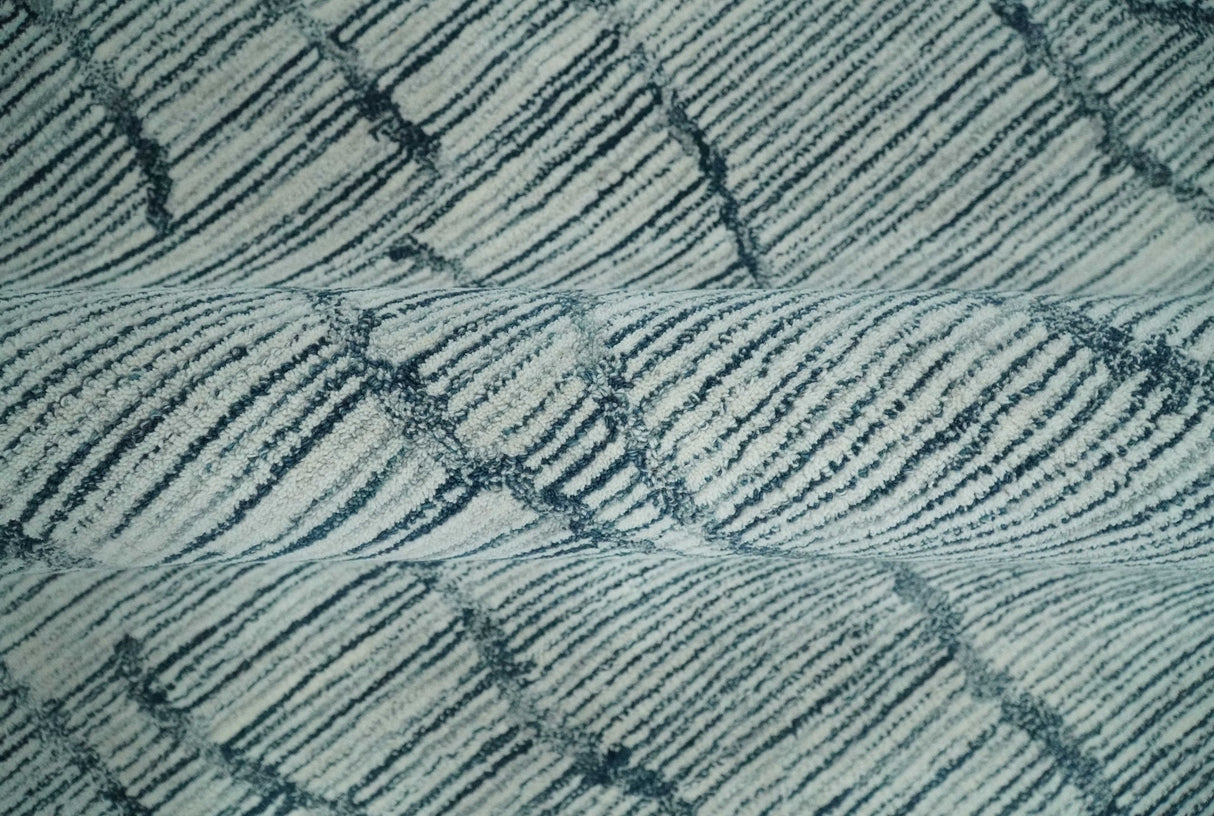 Custom Made Hand Tufted Multi Size Woolen Modern Ivory and Blue Area Rug
