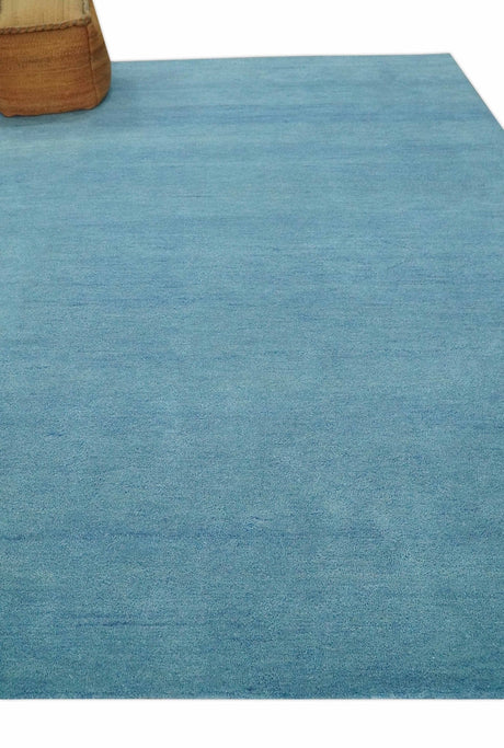 Custom Made Hand Tufted Solid Plane Light Blue Woolen wool Area Rug