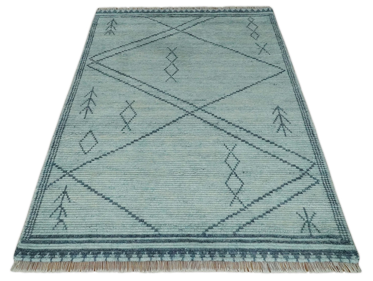 Custom Made Hand Woven Blue Abstract Trellis Moroccan Rug Made with Blended Wool