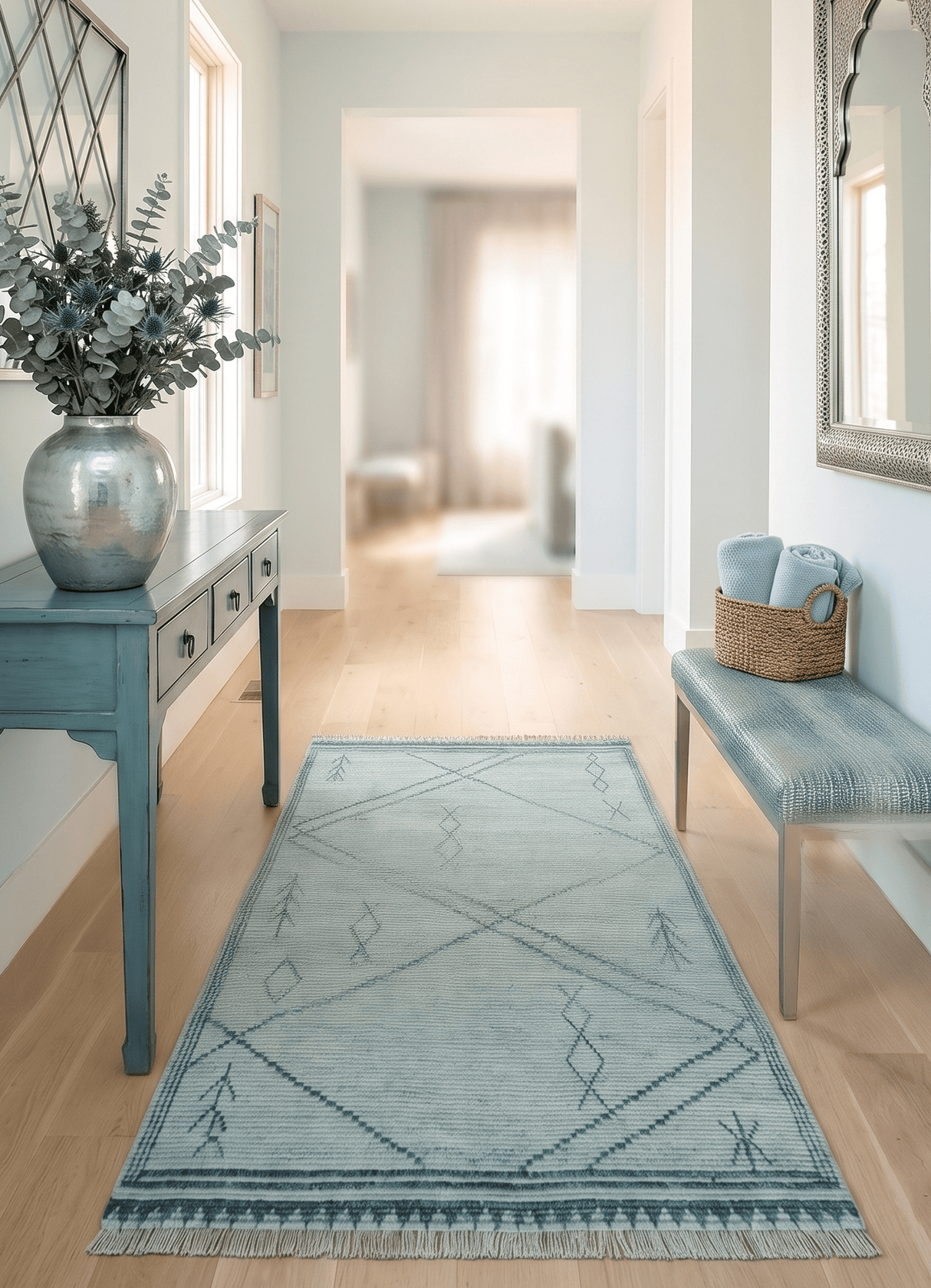 Custom Made Hand Woven Blue Abstract Trellis Moroccan Rug Made with Blended Wool