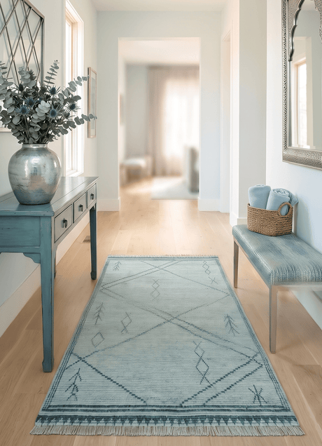 Custom Made Hand Woven Blue Abstract Trellis Moroccan Rug Made with Blended Wool