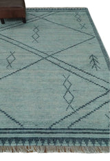 Custom Made Hand Woven Blue Abstract Trellis Moroccan Rug Made with Blended Wool