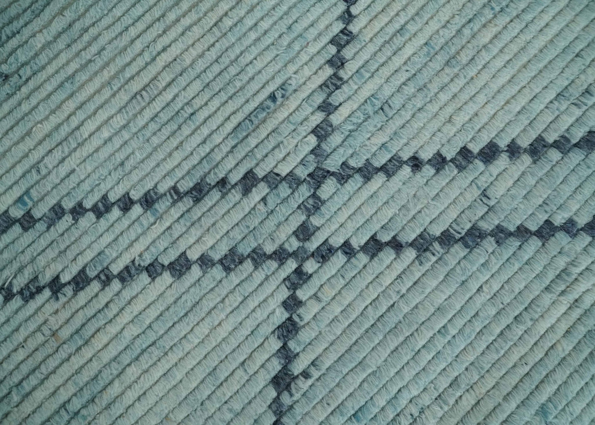 Custom Made Hand Woven Blue Abstract Trellis Moroccan Rug Made with Blended Wool