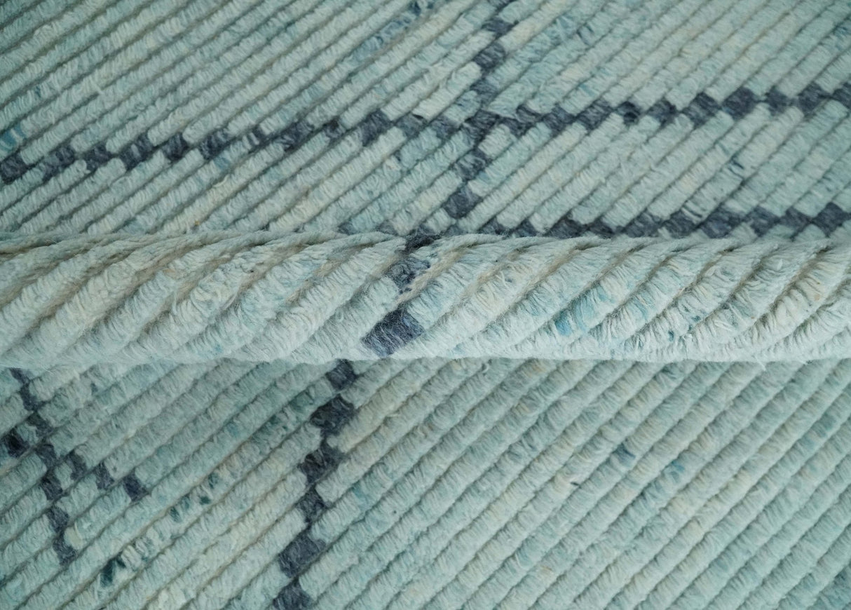Custom Made Hand Woven Blue Abstract Trellis Moroccan Rug Made with Blended Wool