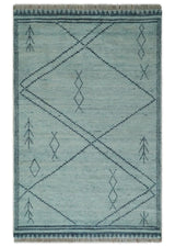 Custom Made Hand Woven Blue Abstract Trellis Moroccan Rug Made with Blended Wool