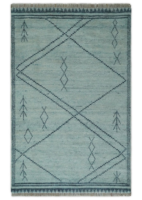Custom Made Hand Woven Blue Abstract Trellis Moroccan Rug Made with Blended Wool