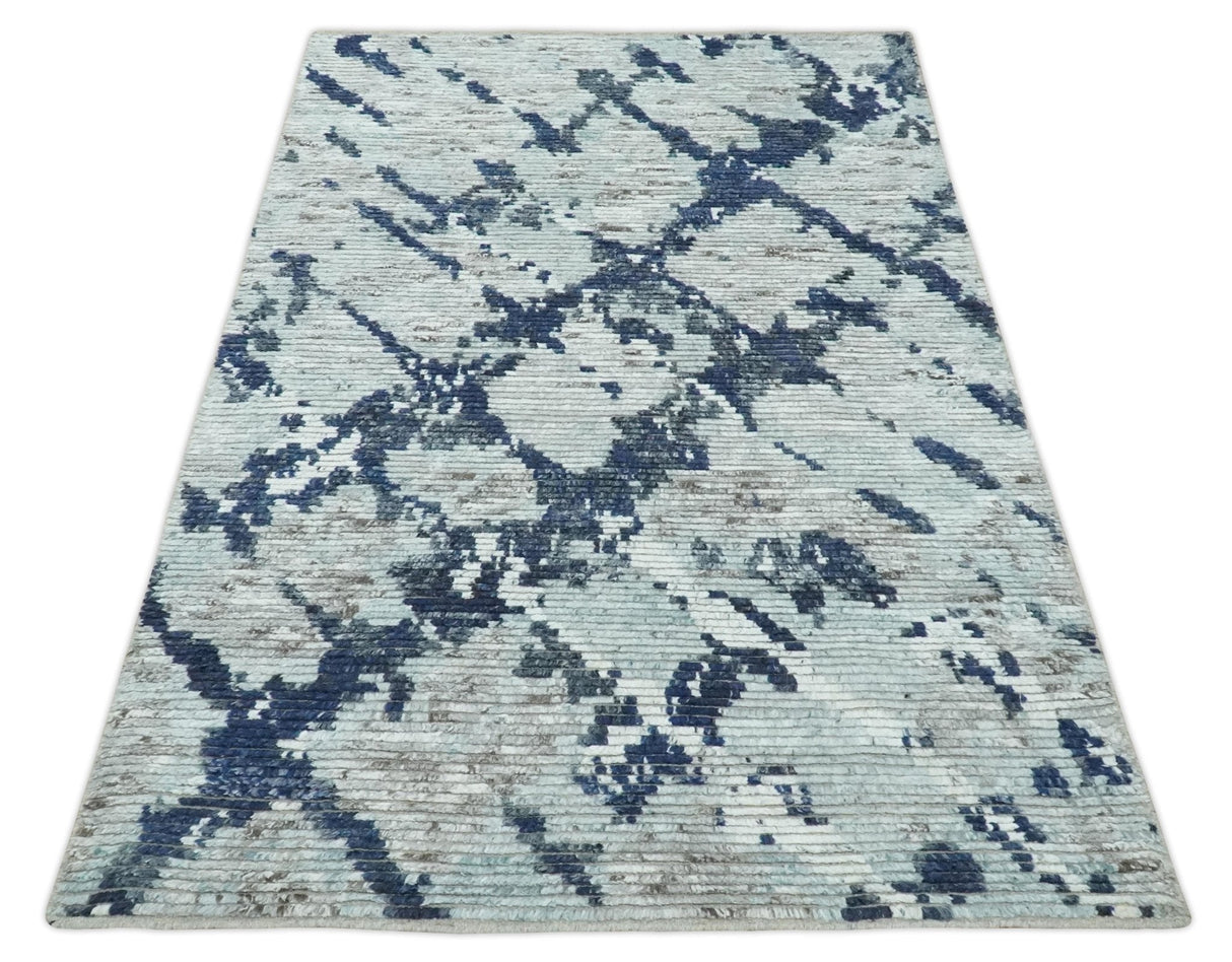 Custom Made Hand Woven Silver And Blue Abstract Trellis Moroccan Blended Wool Rug