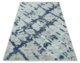 Custom Made Hand Woven Silver And Blue Abstract Trellis Moroccan Blended Wool Rug