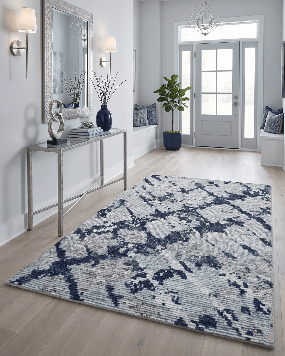 Custom Made Hand Woven Silver And Blue Abstract Trellis Moroccan Blended Wool Rug