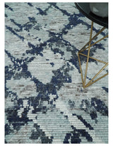 Custom Made Hand Woven Silver And Blue Abstract Trellis Moroccan Blended Wool Rug