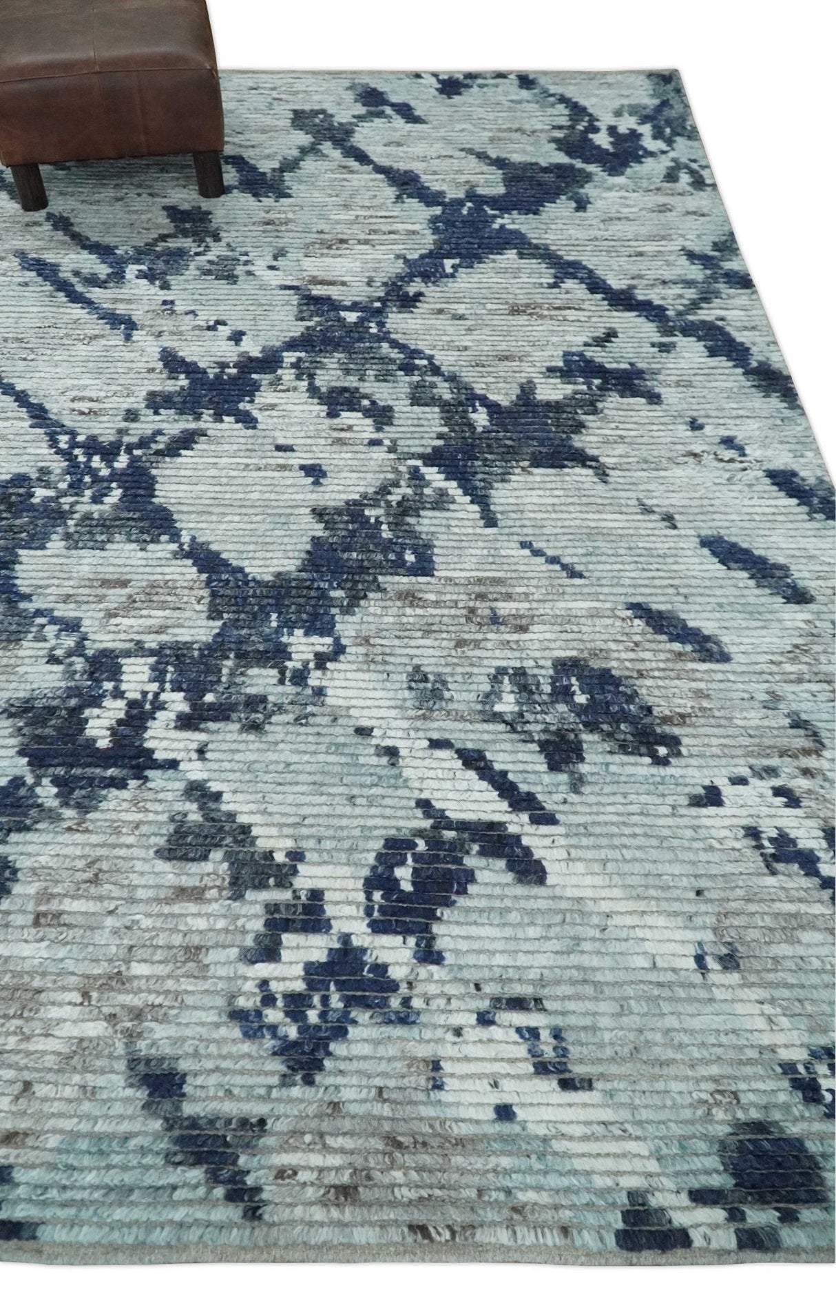Custom Made Hand Woven Silver And Blue Abstract Trellis Moroccan Blended Wool Rug