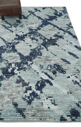 Custom Made Hand Woven Silver And Blue Abstract Trellis Moroccan Blended Wool Rug