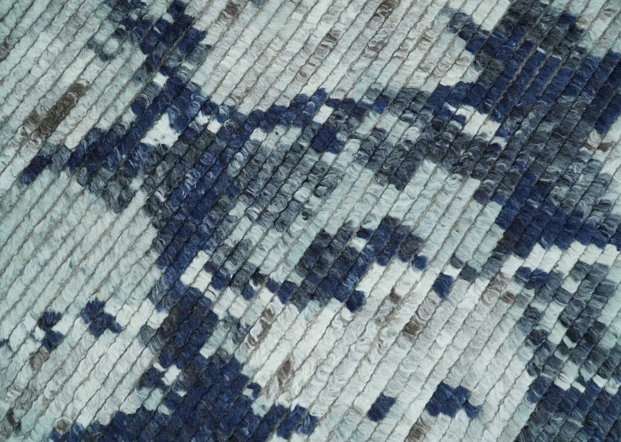 Custom Made Hand Woven Silver And Blue Abstract Trellis Moroccan Blended Wool Rug