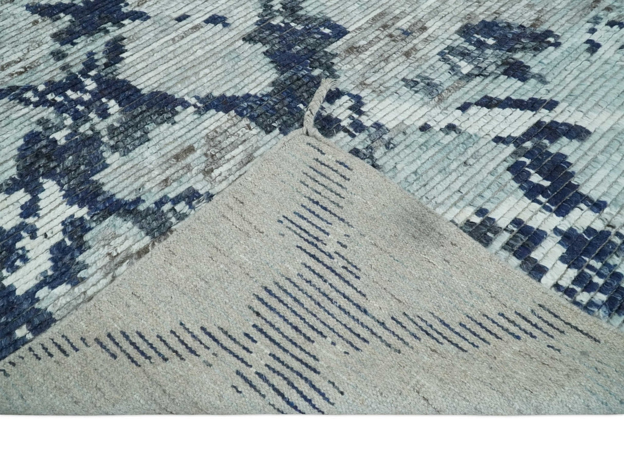 Custom Made Hand Woven Silver And Blue Abstract Trellis Moroccan Blended Wool Rug