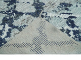 Custom Made Hand Woven Silver And Blue Abstract Trellis Moroccan Blended Wool Rug