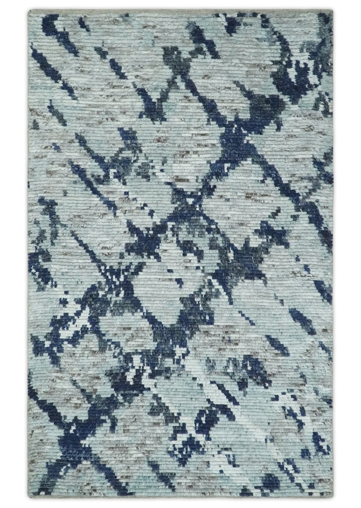 Custom Made Hand Woven Silver And Blue Abstract Trellis Moroccan Blended Wool Rug