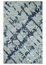 Custom Made Hand Woven Silver And Blue Abstract Trellis Moroccan Blended Wool Rug