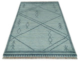 Custom Made Hand Woven Silver and Blue Abstract Trellis Moroccan Rug Made with Blended Wool