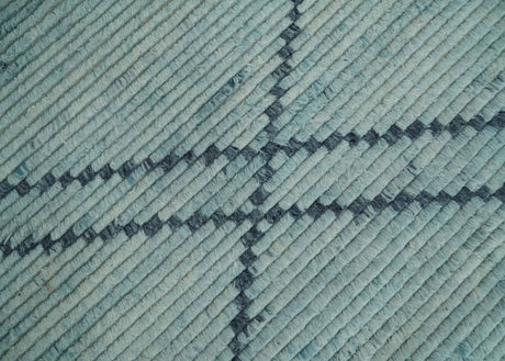 Custom Made Hand Woven Silver and Blue Abstract Trellis Moroccan Rug Made with Blended Wool