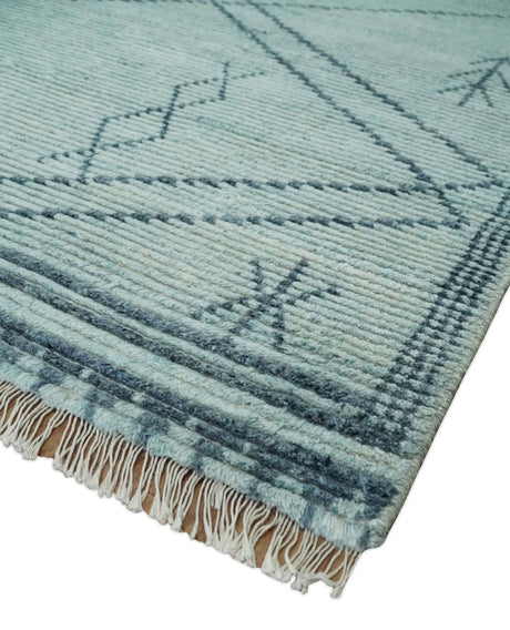 Custom Made Hand Woven Silver and Blue Abstract Trellis Moroccan Rug Made with Blended Wool