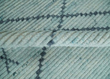 Custom Made Hand Woven Silver and Blue Abstract Trellis Moroccan Rug Made with Blended Wool