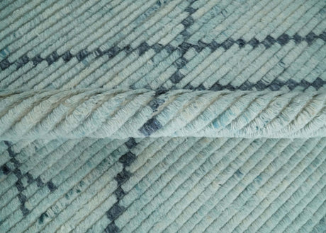 Custom Made Hand Woven Silver and Blue Abstract Trellis Moroccan Rug Made with Blended Wool