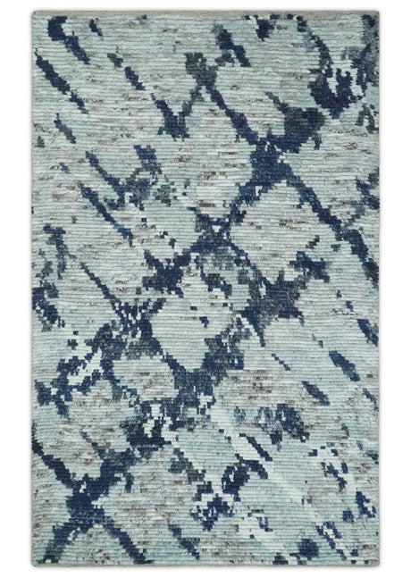 Custom Made Hand Woven Silver, Blue and Charcoal Abstract Trellis Moroccan Rug Made with Blended Wool