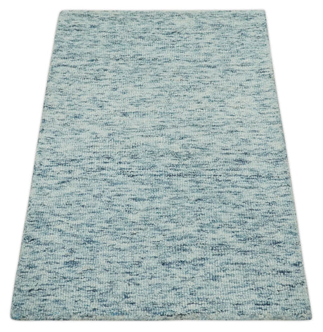 Custom Made Ivory and Blue Abstract Hand Tufted Wool Area Rug