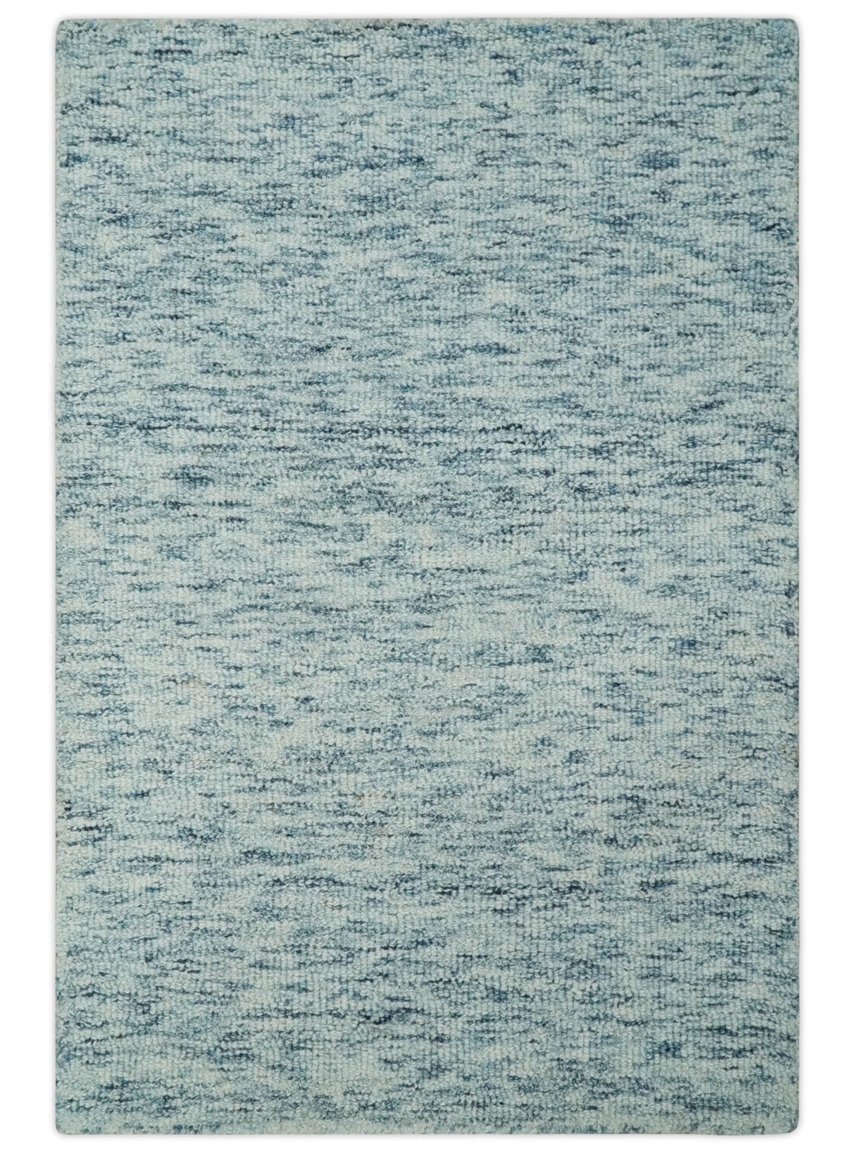 Custom Made Ivory and Blue Abstract Hand Tufted Wool Area Rug