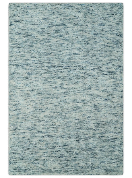 Custom Made Ivory and Blue Abstract Hand Tufted Wool Area Rug