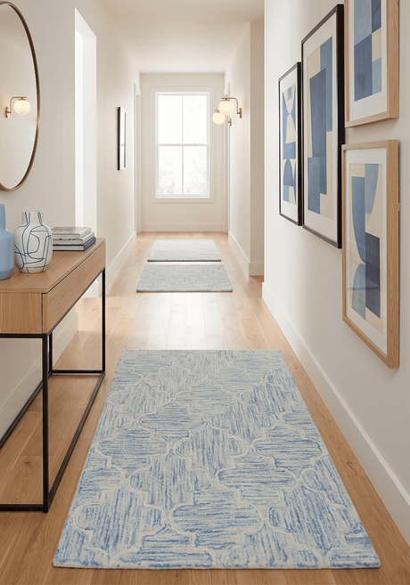 Custom Made Ivory and Blue Modern Geometric Hand Tufted Natural Wool Area Rug