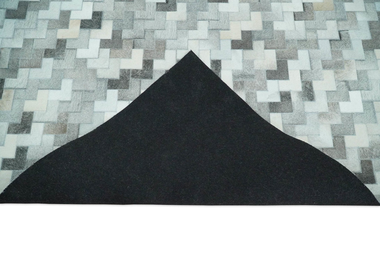 Custom Made Ivory and Gray Modern Geometrical Leather Rug